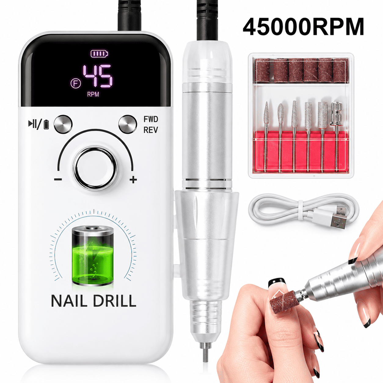 Prenosiva električna turpija Nail Drill sa digitalnim displejem, kontrolom brzine i kompletom dodataka za preciznu obradu noktiju.