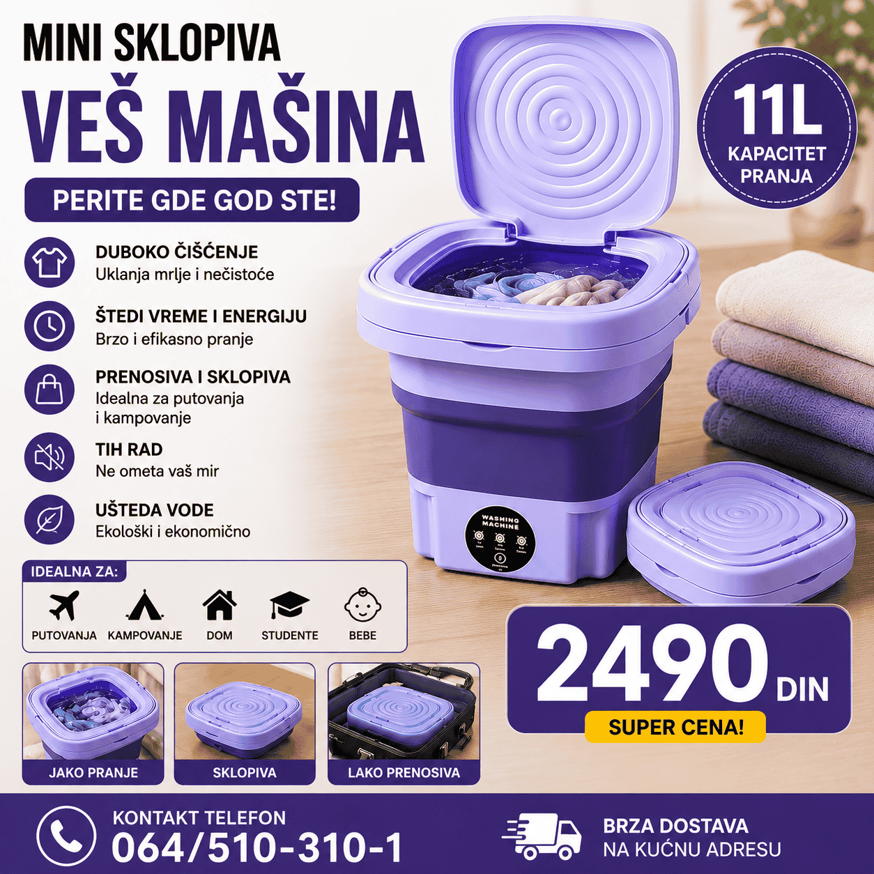Sklopiva veš mašina 11L za donji veš, čarape i laganu garderobu.