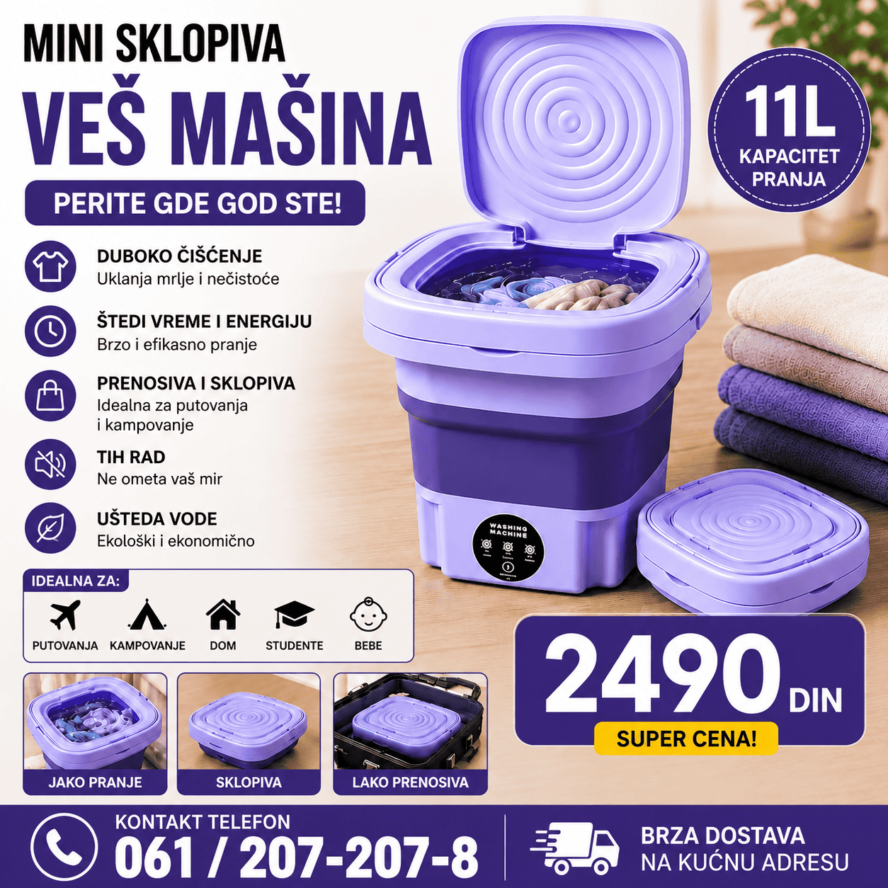 Sklopiva veš mašina 11L za donji veš, čarape i laganu garderobu.