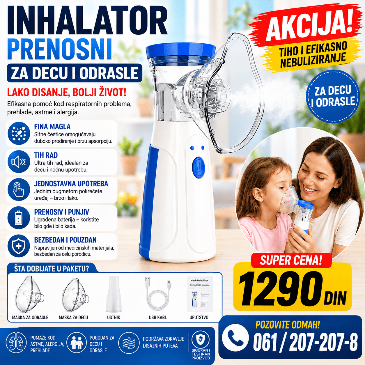 Prenosni inhalator nebulizator sa maskama za odrasle i decu, kompaktnog dizajna i praktičan za korišćenje kod kuće ili na putovanju.