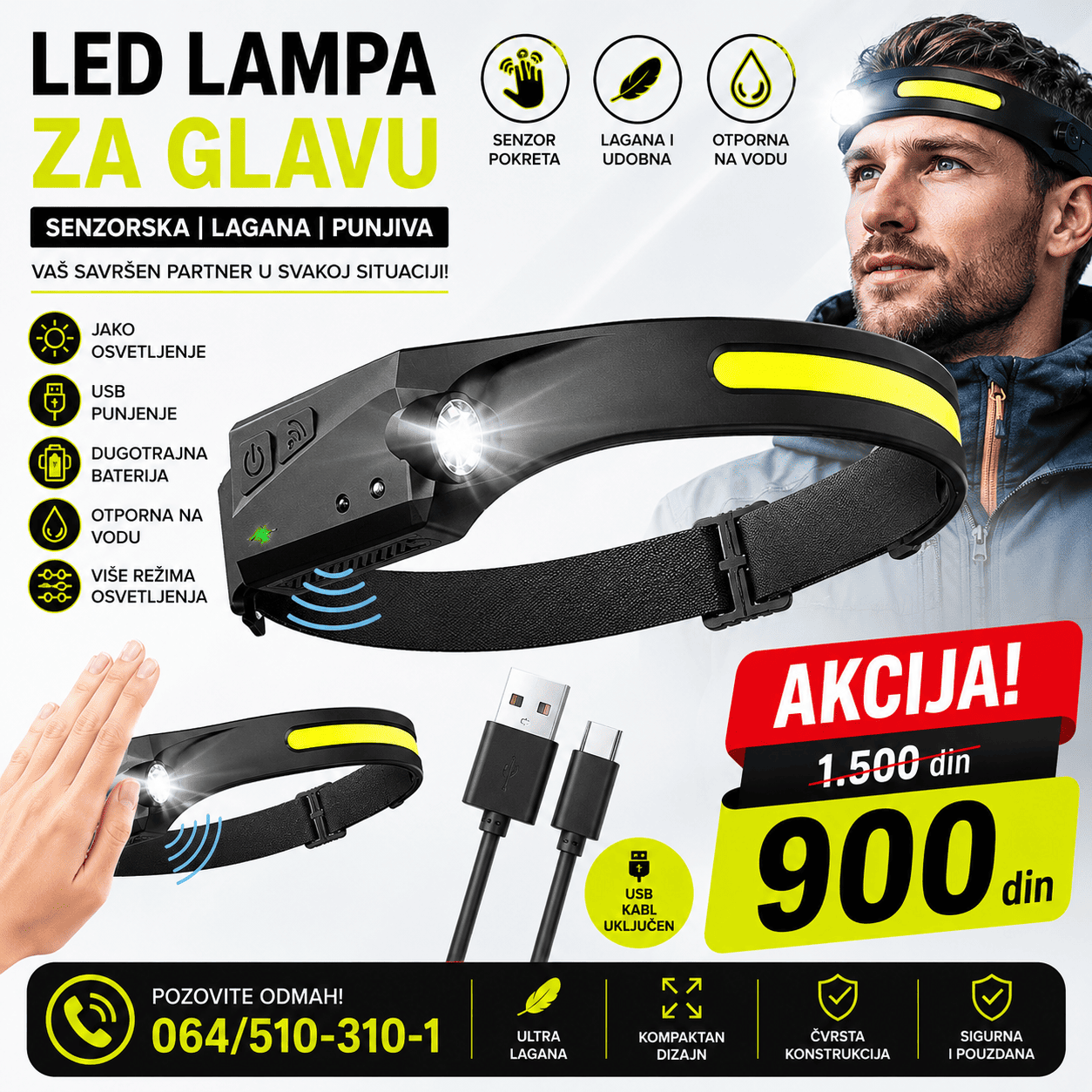 Profesionalna LED lampa za glavu sa više režima osvetljenja, USB punjenjem i funkcijom uključivanja bez dodira rukom.
