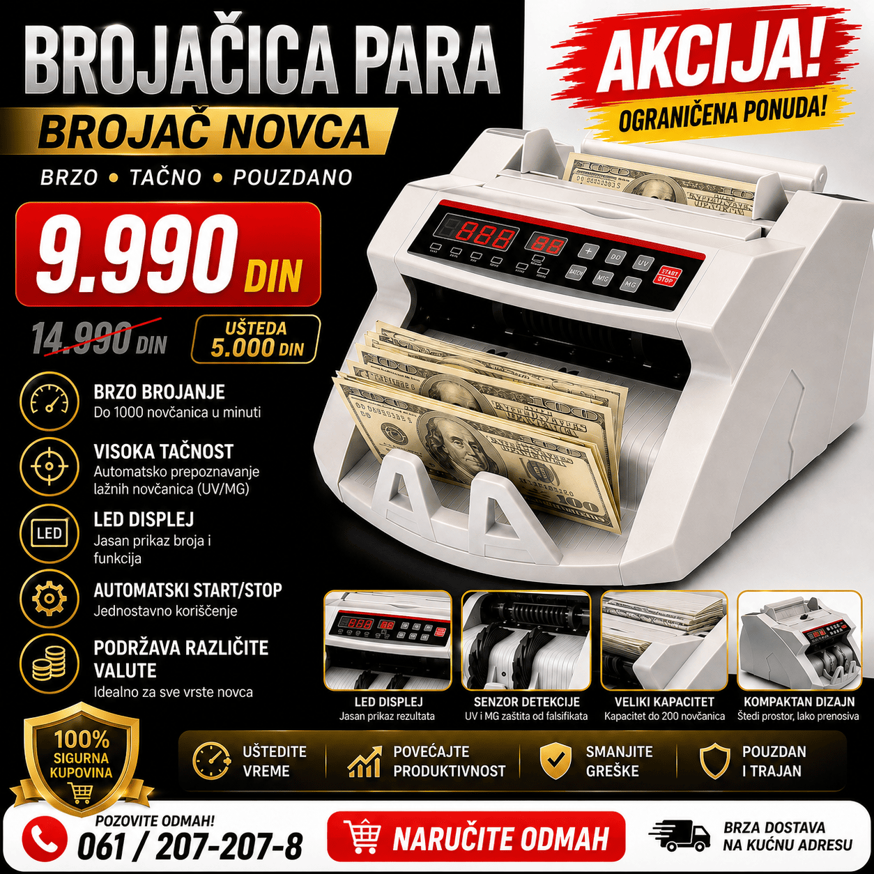 Električna brojačica novčanica sa automatskim uvlačenjem i preglednim digitalnim ekranom za jednostavno i brzo prebrojavanje gotovine.