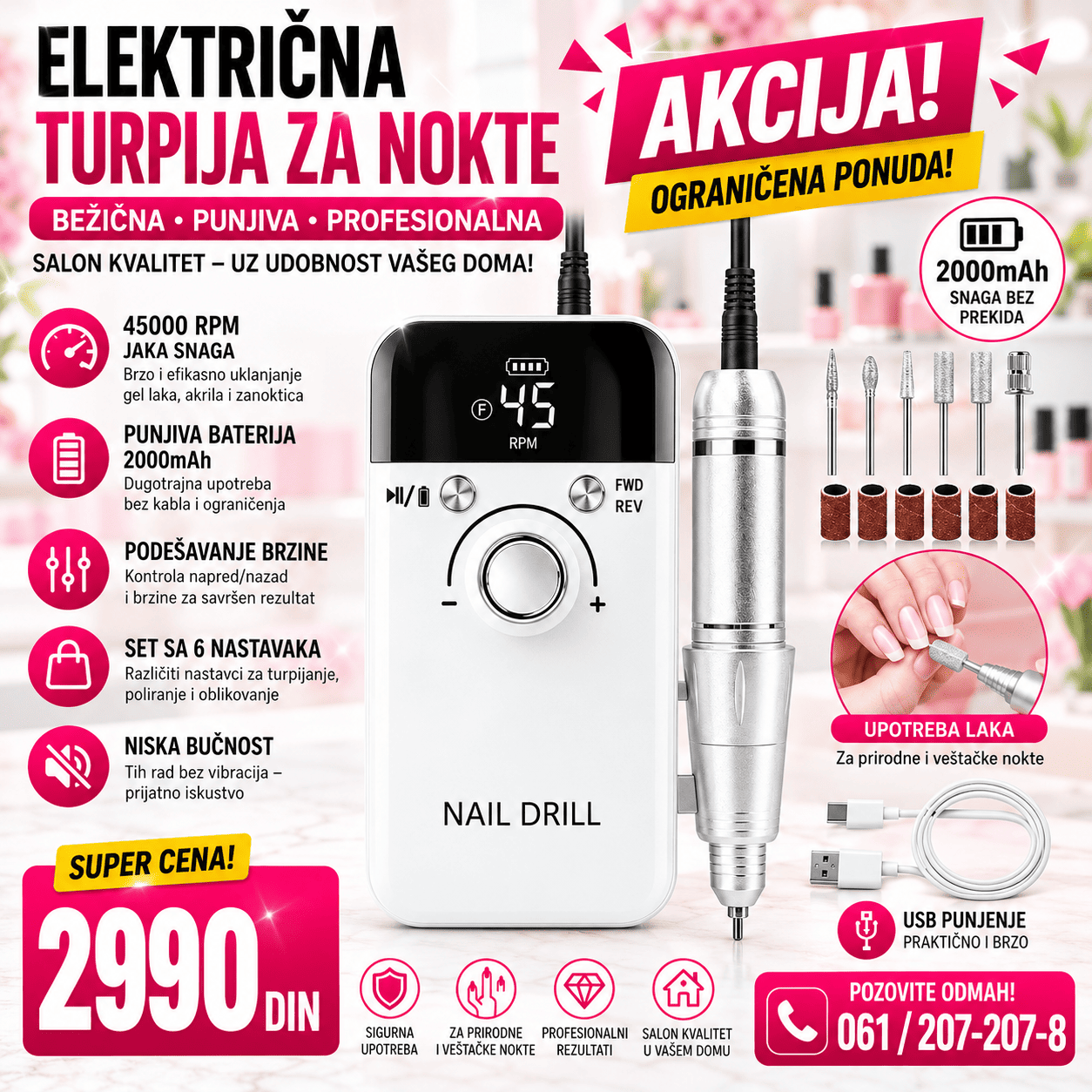 Profesionalna električna turpija za nokte sa podesivom brzinom, digitalnim ekranom i različitim nastavcima za obradu prirodnih i veštačkih noktiju.