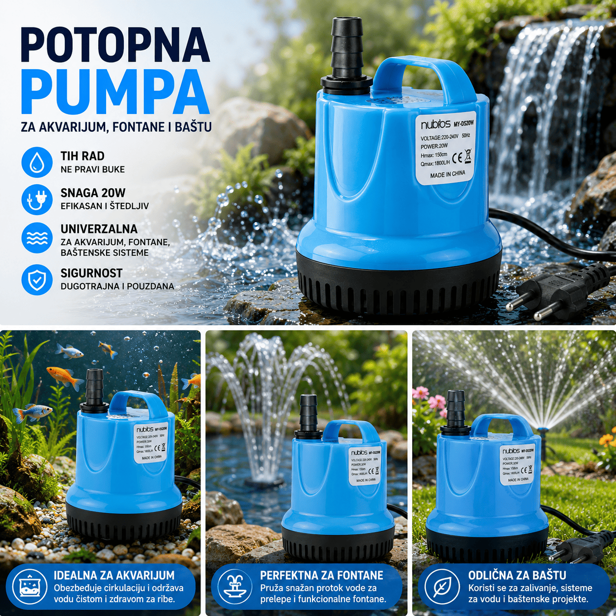 Pumpa za fontane i akvarijume sa visokim protokom vode do 1500 L/h.