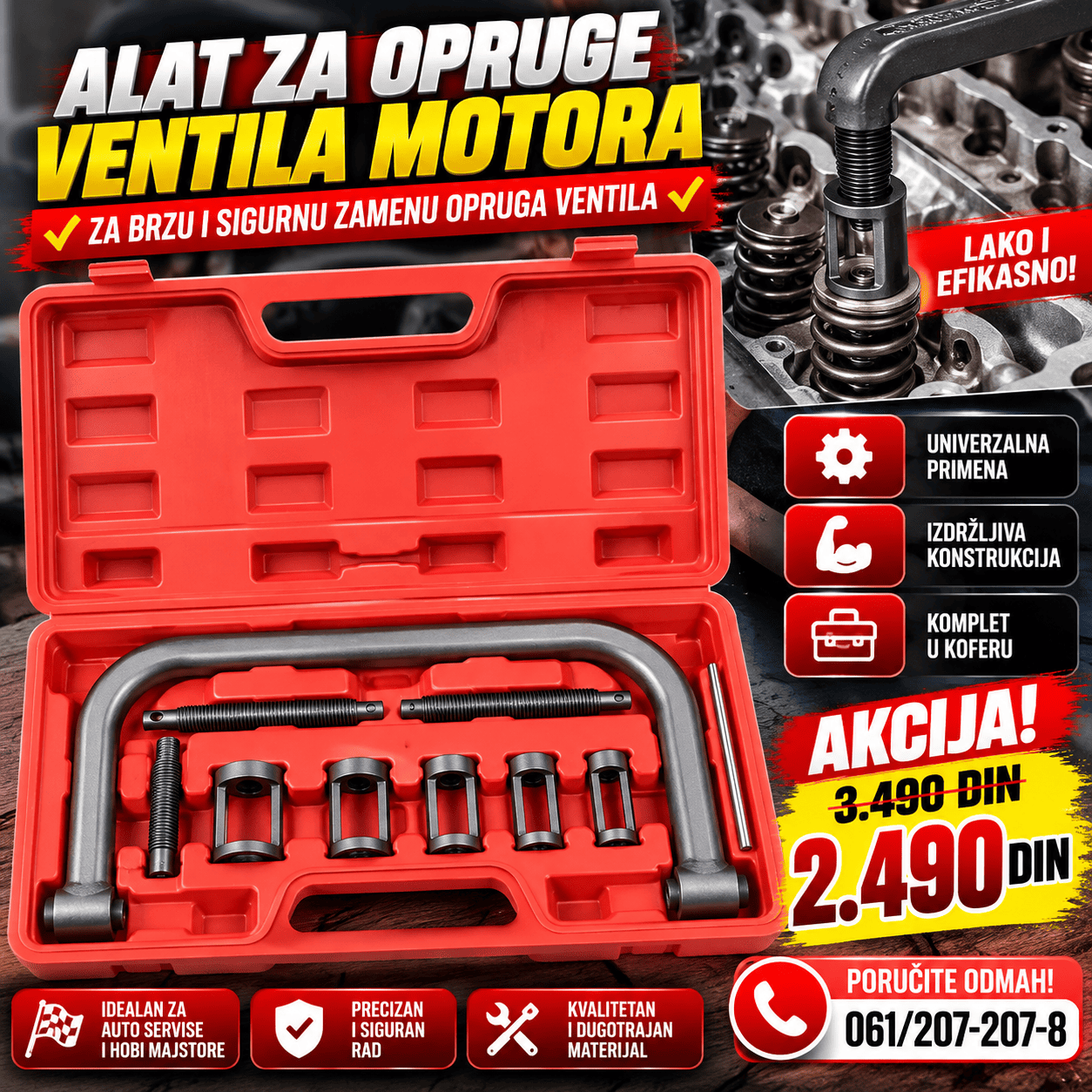 Profesionalni alat za opruge ventila motora sa metalnim nastavcima i praktičnim crvenim koferom, namenjen za automehaničarske radove.