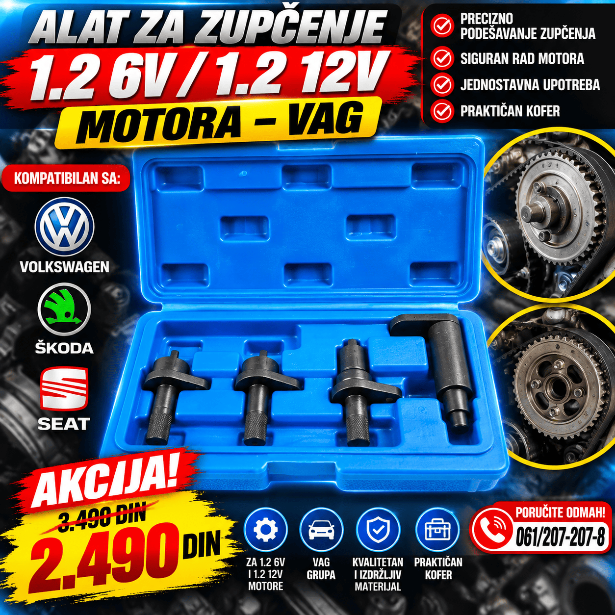 Profesionalni alat za zupčenje 1.2 6V i 1.2 12V motora, namenjen za Volkswagen, Škoda i Seat vozila, komplet u plavom koferu.