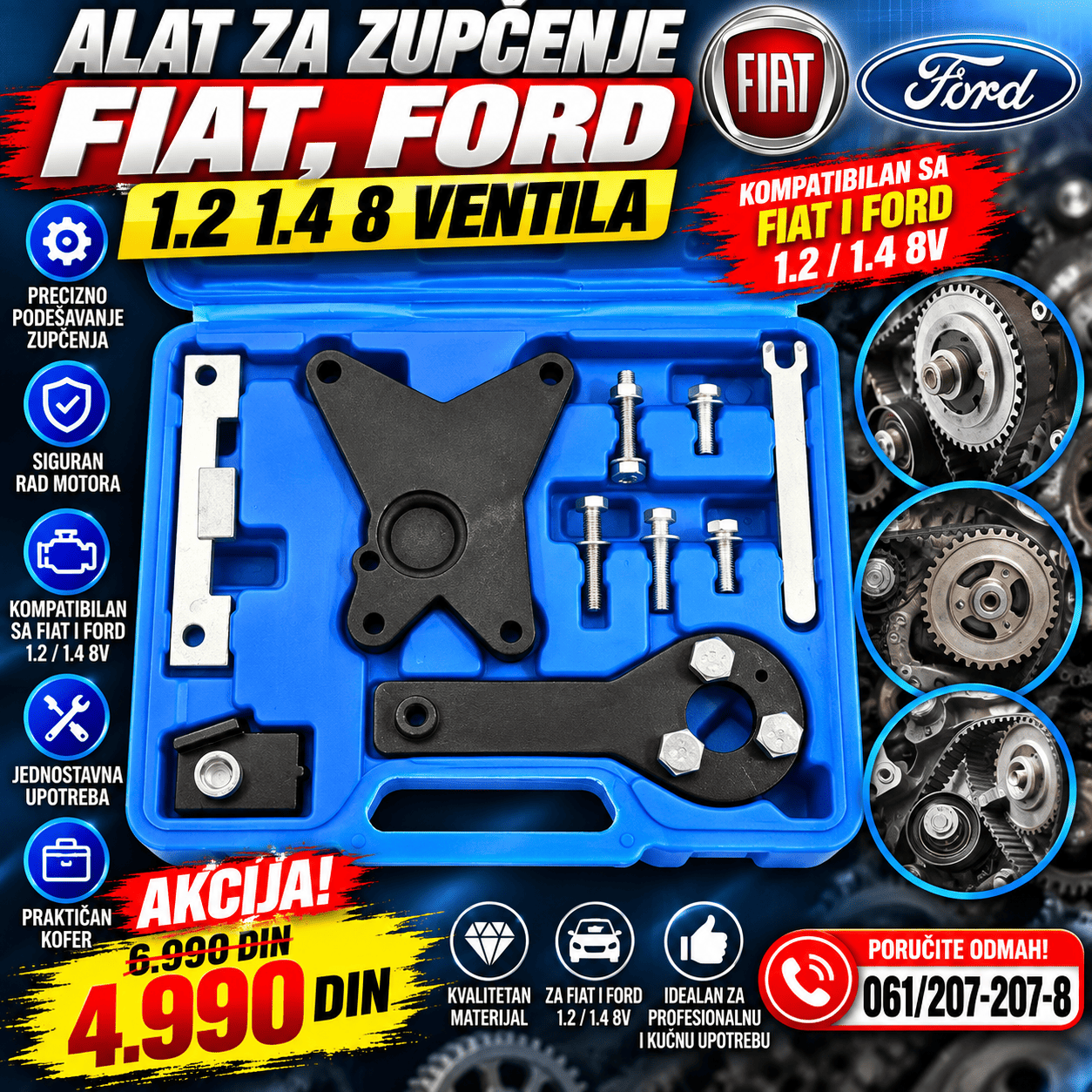 Profesionalni alat za zupčenje Fiat i Ford 1.2 i 1.4 8V motora, komplet sa metalnim nastavcima i praktičnim plavim koferom.
