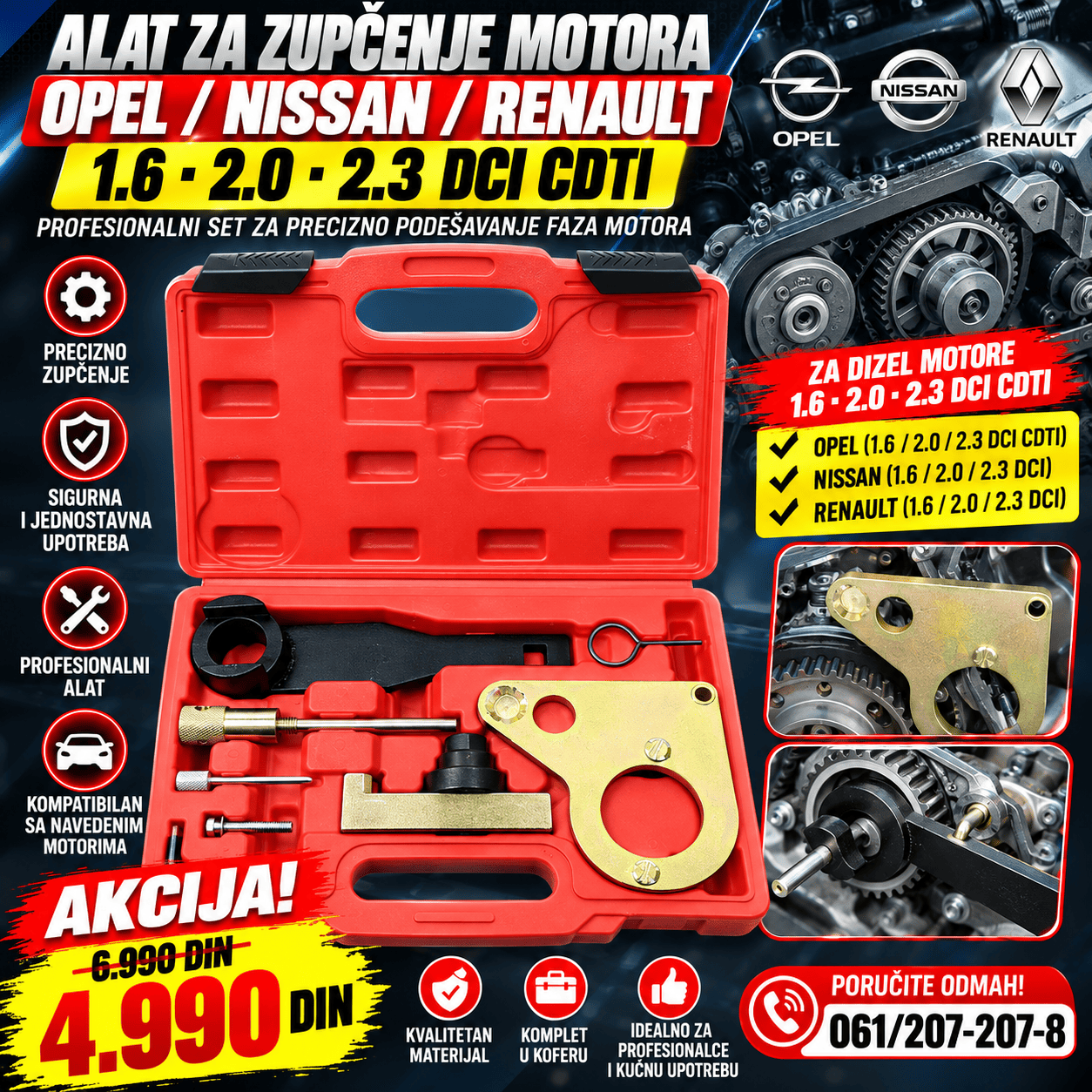 Profesionalni alat za zupčenje Opel, Nissan i Renault 1.6, 2.0 i 2.3 DCI CDTI motora, komplet sa metalnim nastavcima u crvenom koferu.