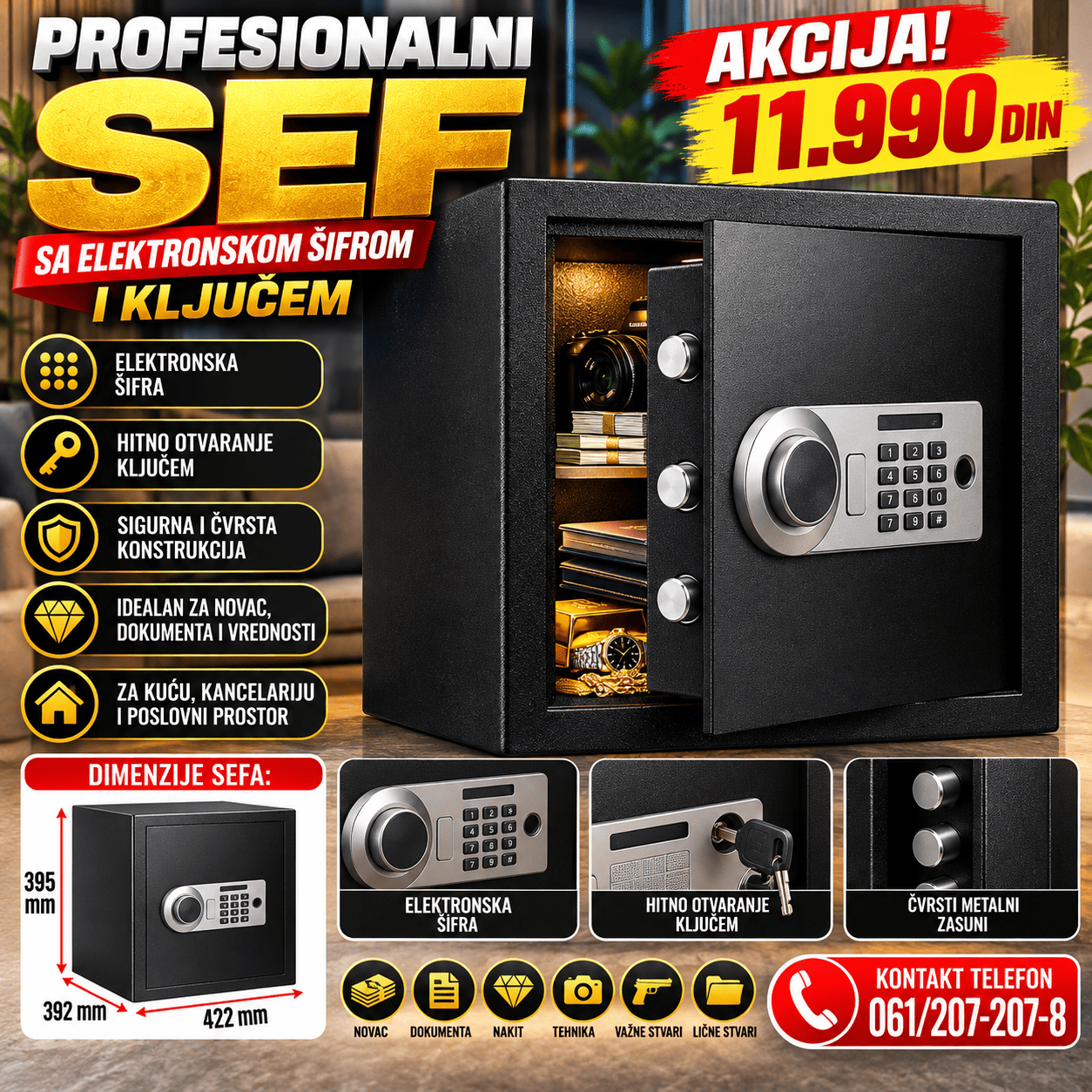 Profesionalni sef sa elektronskom šifrom i ključem, dimenzija 395 × 392 × 422 mm, namenjen za sigurno čuvanje novca, dokumenata i vrednih predmeta.