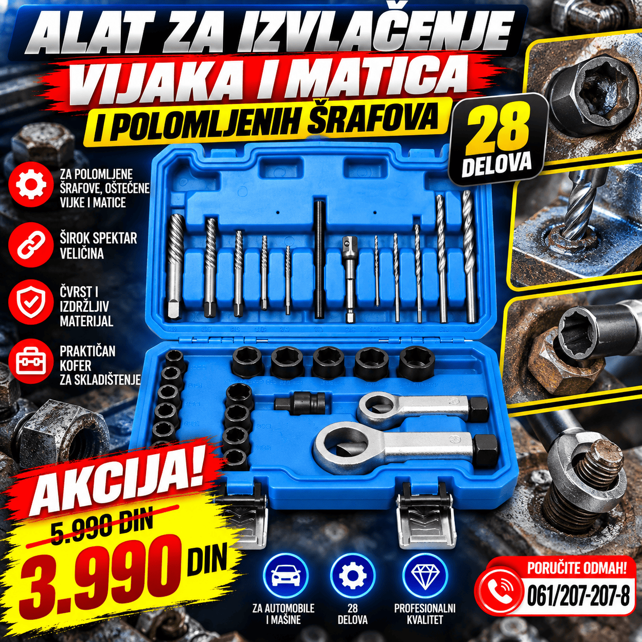 Profesionalni set alata od 28 delova za izvlačenje polomljenih šrafova, oštećenih vijaka i matica, sa praktičnim koferom za odlaganje.