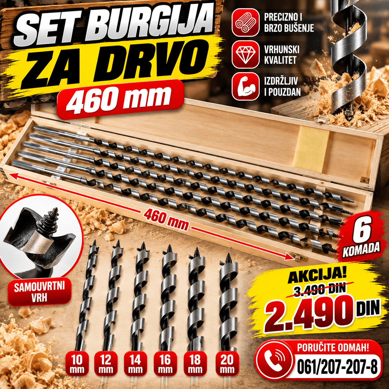 Profesionalni set burgija za drvo dužine 460 mm, 6 komada različitih prečnika od 10 do 20 mm, namenjen za precizno bušenje dubokih rupa u drvetu.
