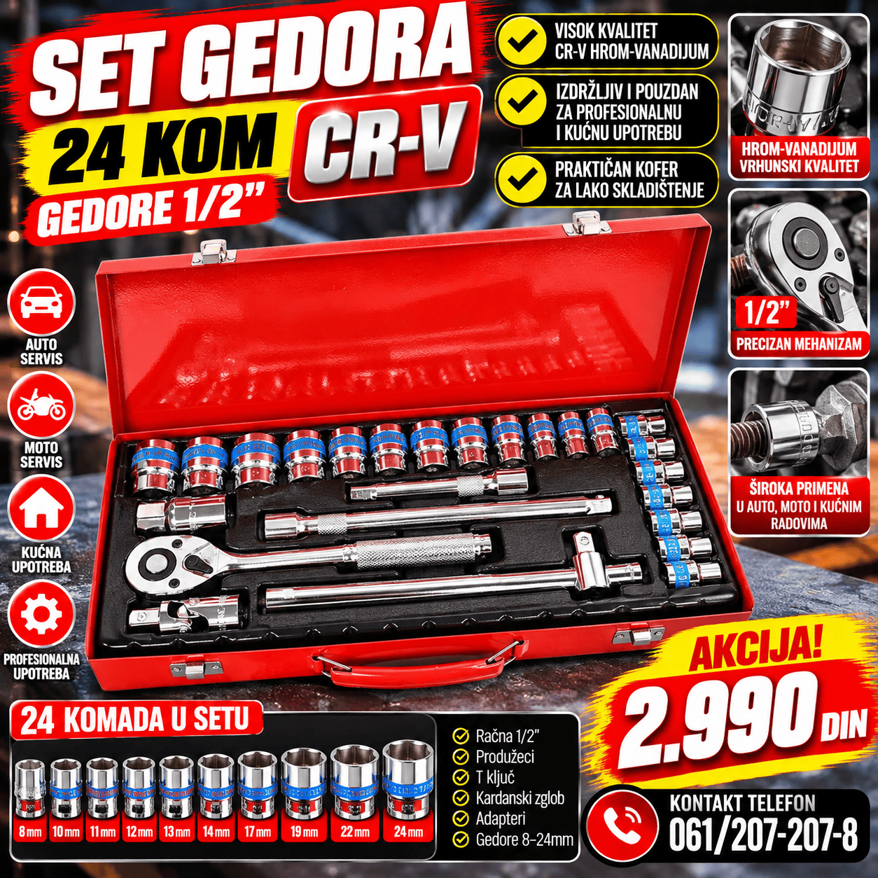 Profesionalni set gedora 24 komada od CR-V hrom-vanadijum čelika, namenjen za odvrtanje i zavrtanje šrafova i matica u auto-servisima i radionicama.