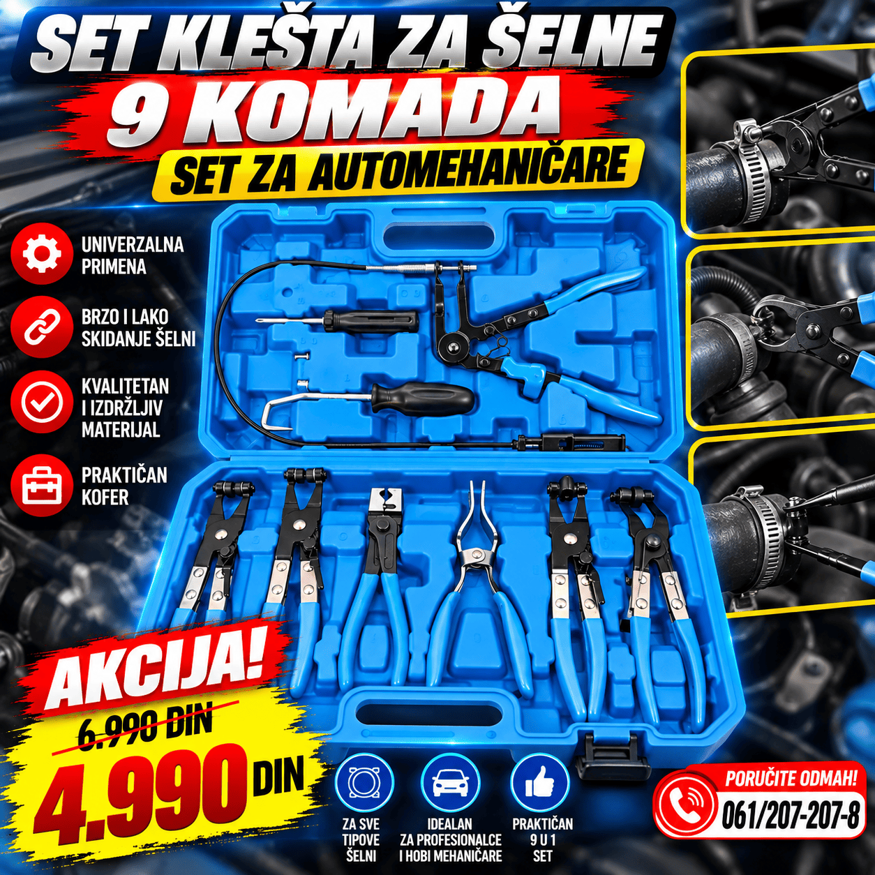 Profesionalni set klešta za šelne od 9 komada, namenjen za jednostavno skidanje i postavljanje šelni na crevima automobila tokom servisiranja.