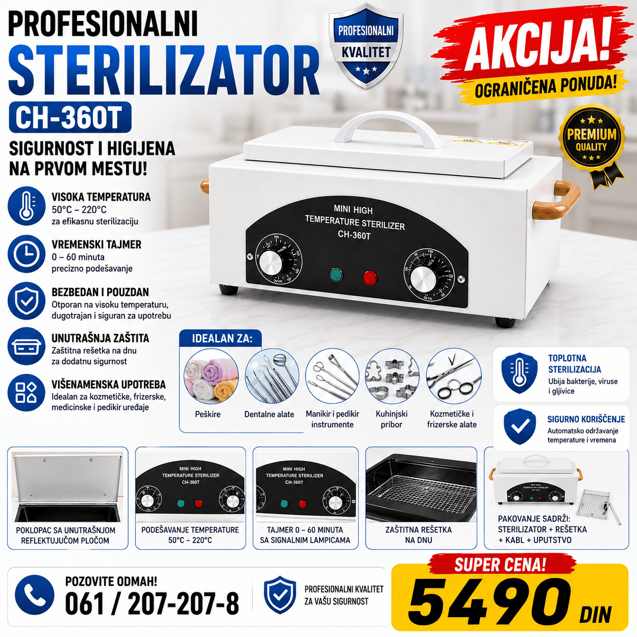 Profesionalni sterilizator CH-360T sa visokom temperaturom, namenjen za termičku obradu odgovarajućeg metalnog pribora u kozmetičkim i drugim profesionalnim salonima.
