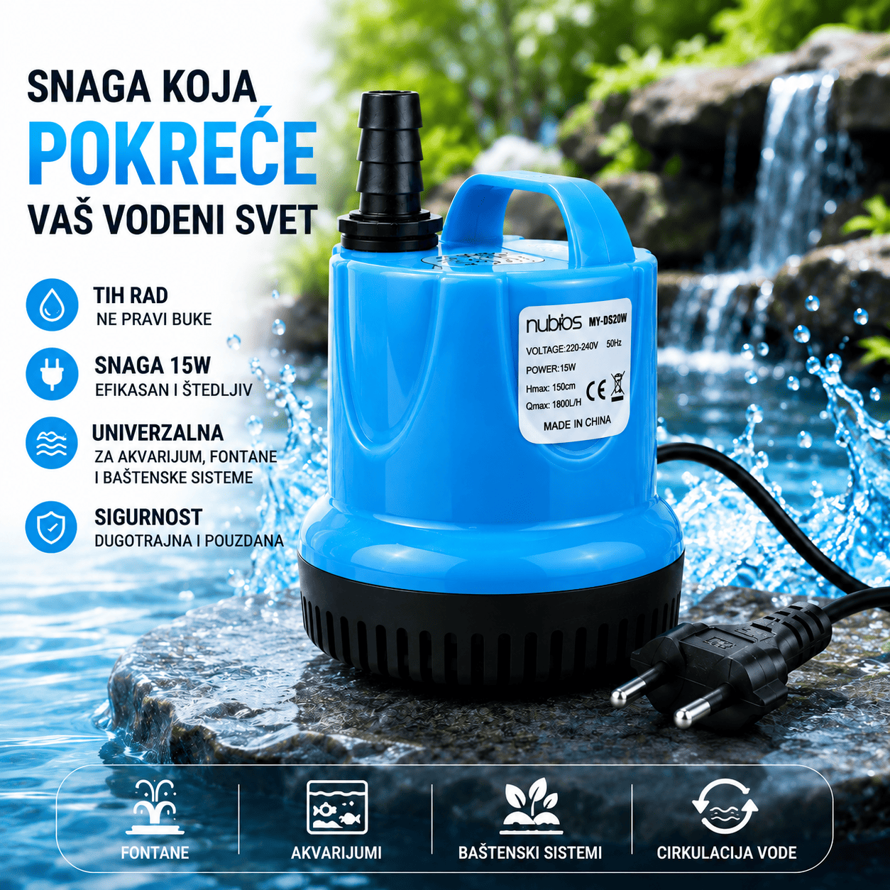 Kompaktna električna pumpa za vodu 15W, namenjena za potopnu upotrebu u akvarijumima, ukrasnim fontanama i različitim dekorativnim vodenim sistemima.
