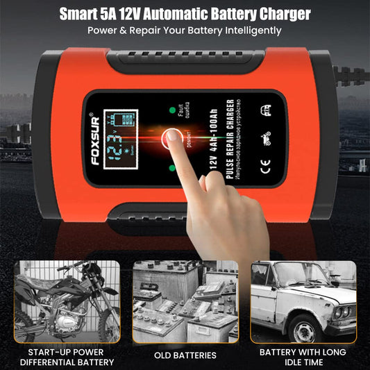 Punjač za akumulator sa digitalnim ekranom, automatskim punjenjem i zaštitom od prekomernog punjenja, pogodan za sve vrste baterija (AGM, GEL, kalcijum)