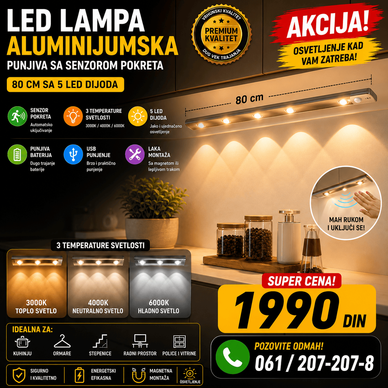 Punjiva LED lampa dužine 80 cm sa senzorom pokreta, praktična za osvetljenje kuhinje, ormara, hodnika, stepeništa i radnih površina.