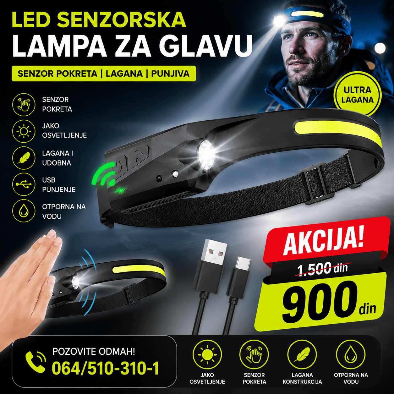 Punjiva LED lampa za glavu sa senzorom pokreta i USB punjenjem, idealna za kampovanje, ribolov, planinarenje i rad u mraku.