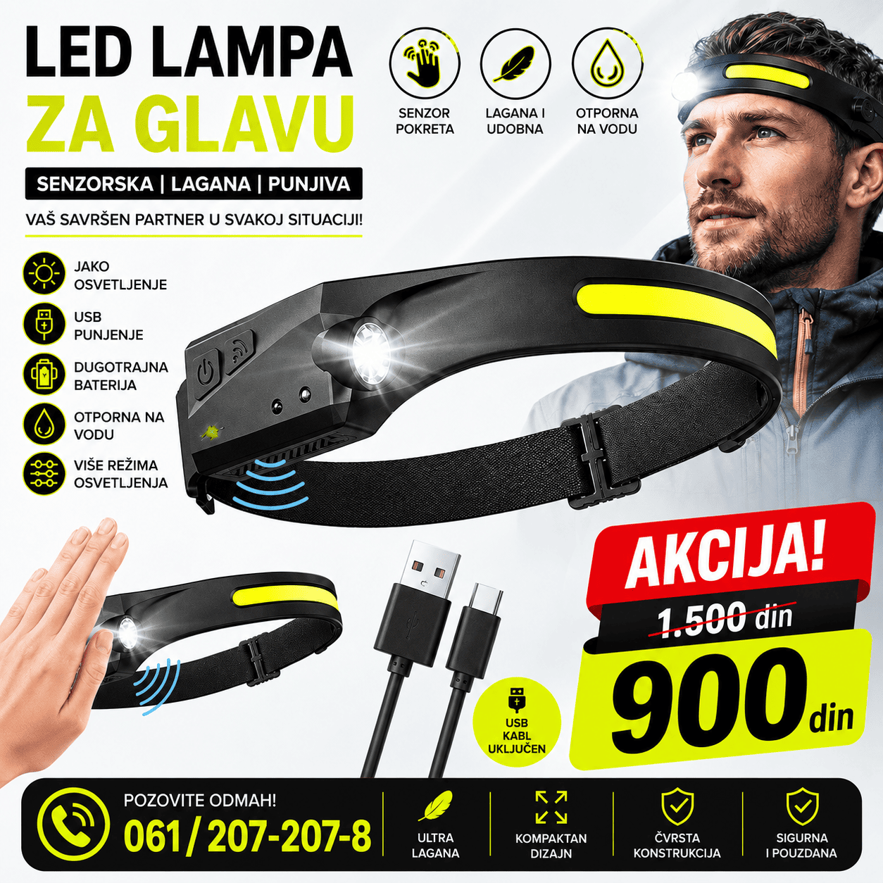 Punjiva LED lampa za glavu sa senzorom pokreta i širokim svetlosnim pojasom, praktična za rad, kampovanje, pecanje i aktivnosti na otvorenom.