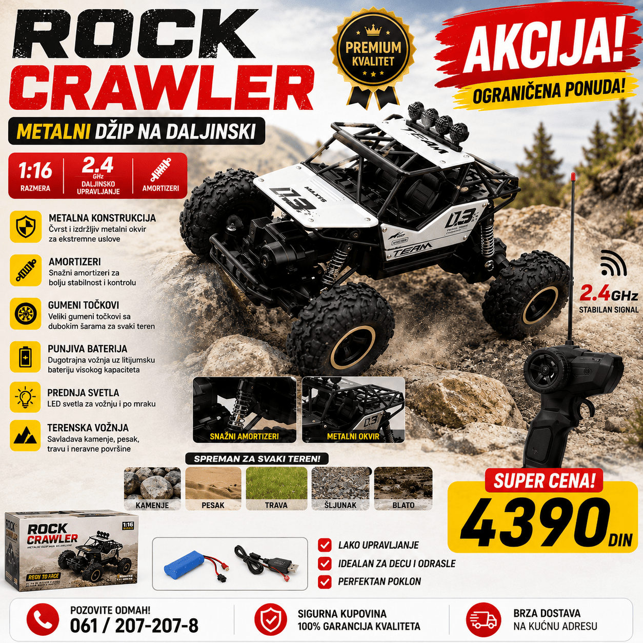 RC Rock Crawler terenski automobil na daljinsko upravljanje sa velikim gumama i amortizerima, namenjen za zabavnu vožnju po različitim podlogama.