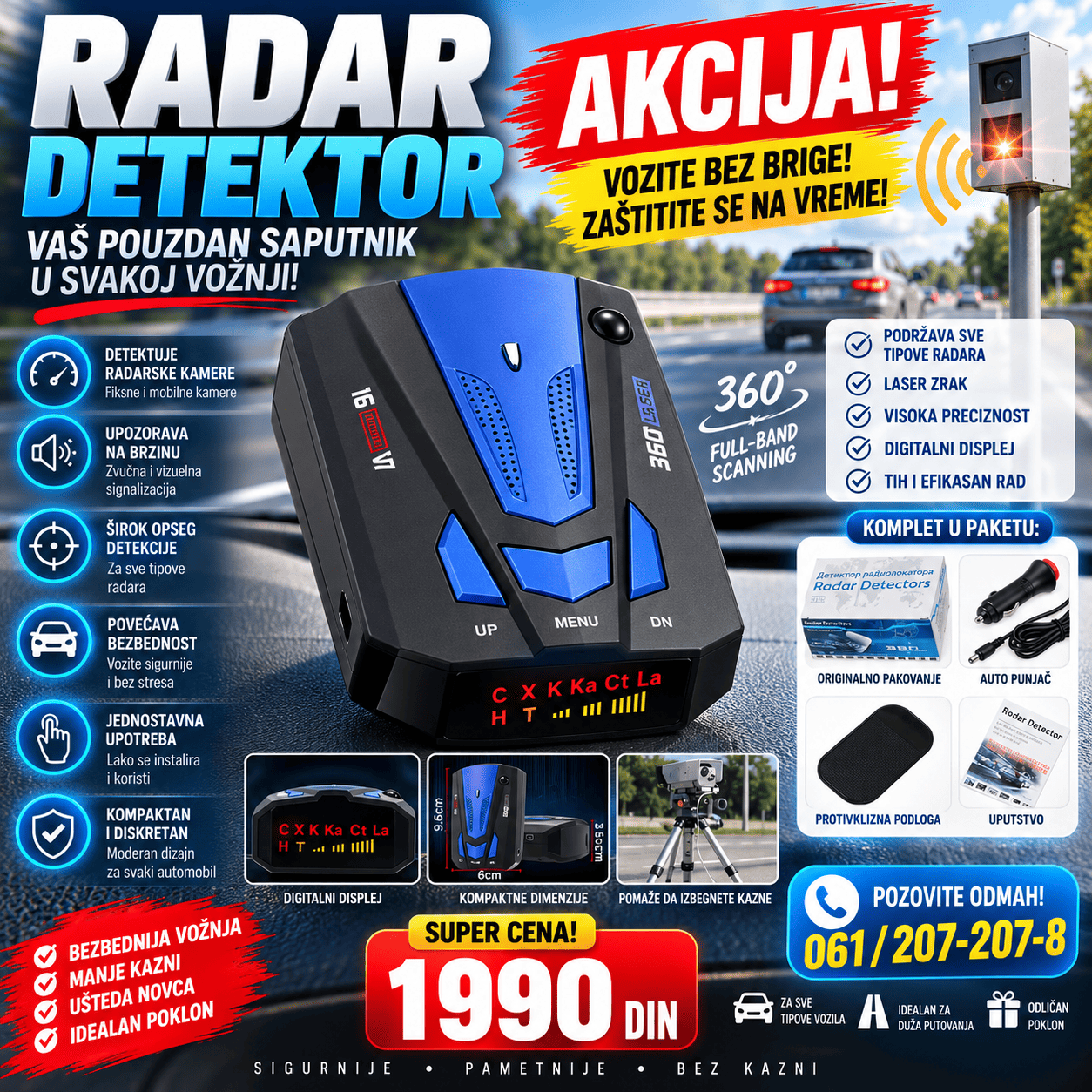 Radar detektor V7 za automobil sa digitalnim displejem i zvučnim upozorenjem, kompaktan uređaj za detekciju radarskih signala.