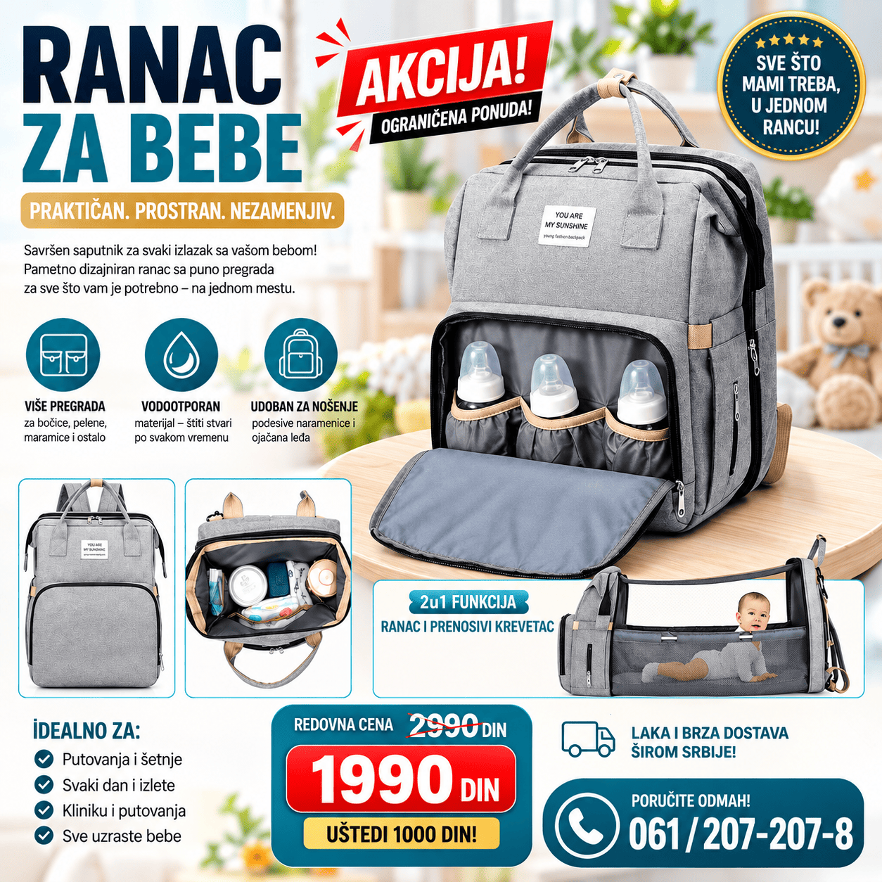 Ranac za bebe 2 u 1 sa funkcijom prenosivog kreveca, više pregrada za flašice, pelene i bebi opremu, praktičan za putovanja i šetnje.