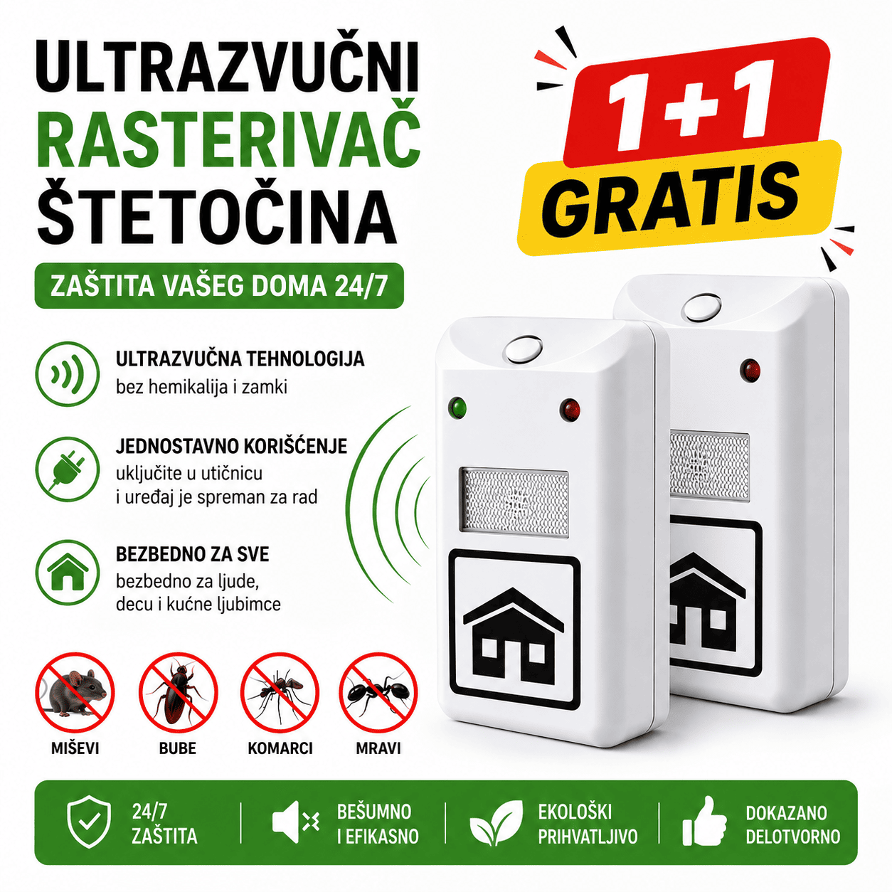 Paket Riddex Plus rasterivača štetočina predstavlja praktično rešenje za zaštitu više prostorija istovremeno. Uređaj radi tiho, bez održavanja i bez upotrebe štetnih hemijskih sredstava, što ga čini pogodnim za svakodnevnu upotrebu.