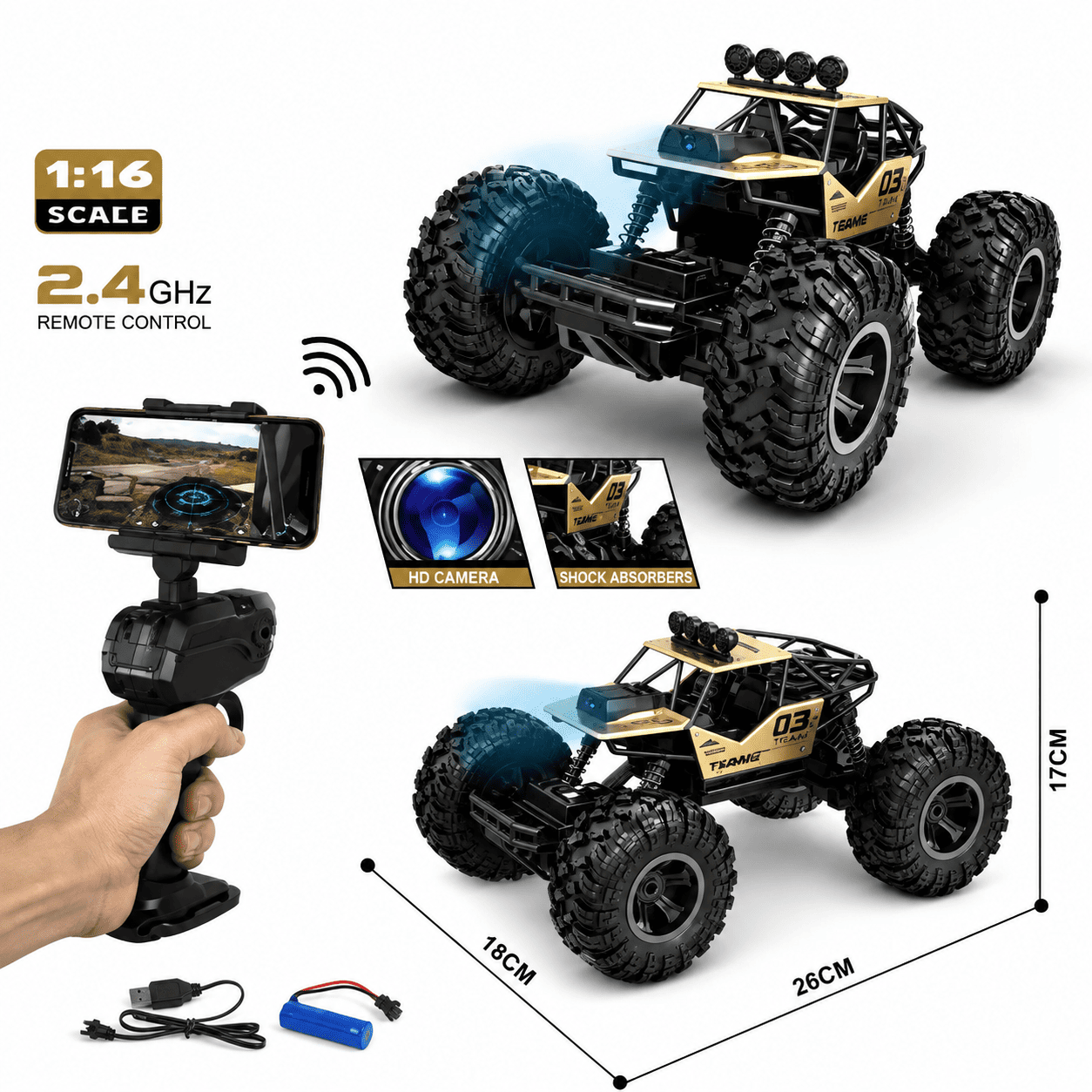 Terenski RC automobil Rock Crawler sa daljinskim upravljačem, velikim profilisanim gumama i robusnom konstrukcijom za vožnju preko prepreka.