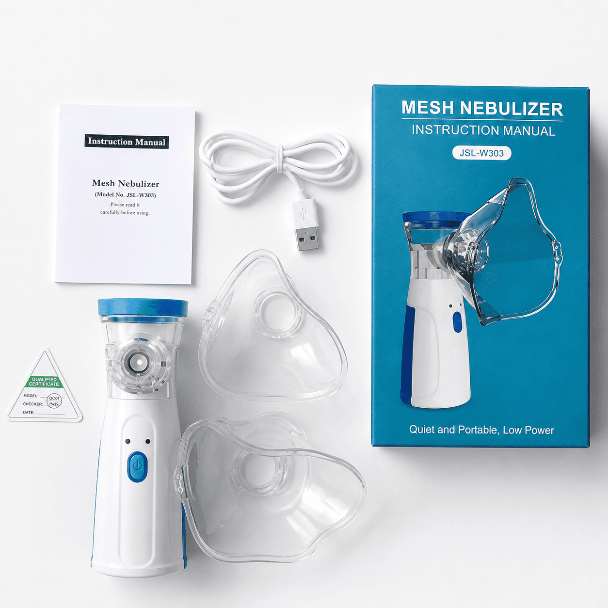 Kompaktni prenosni inhalator nebulizator sa kompletnim priborom, maskama za decu i odrasle, nastavkom za usta i kablom za napajanje.