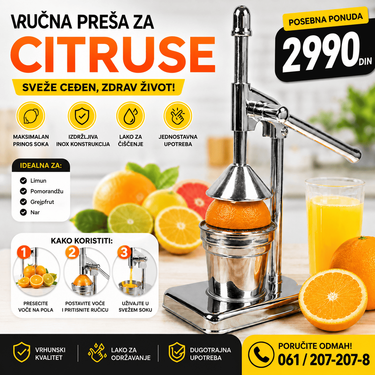 Čelična ručna presa za citruse sa čvrstom konstrukcijom, namenjena za pripremu sveže ceđenog soka od limuna, pomorandže i limete.