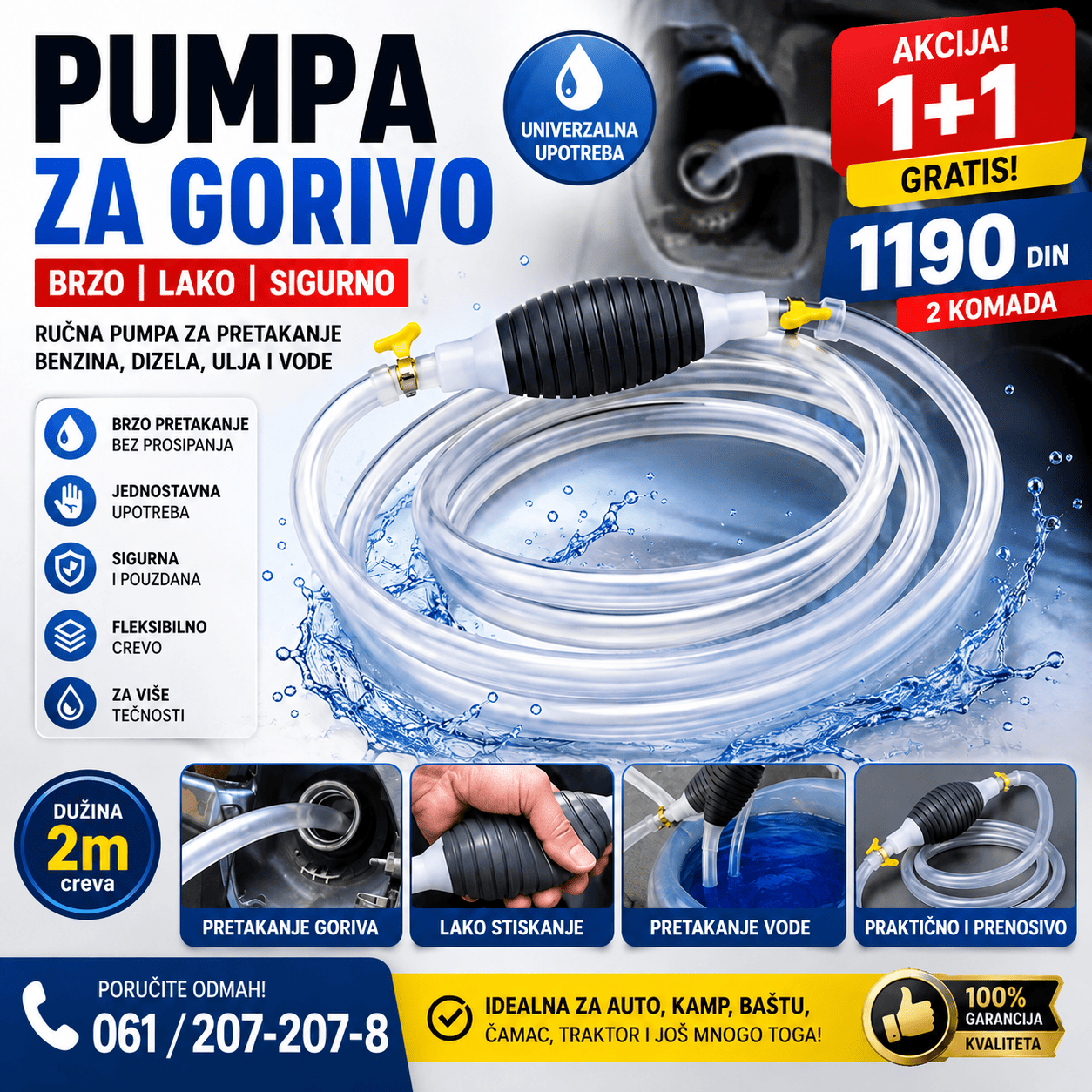 Ručna pumpa za gorivo sa fleksibilnim crevom i ventilima, praktična za jednostavno pretakanje benzina, dizela i drugih odgovarajućih tečnosti.