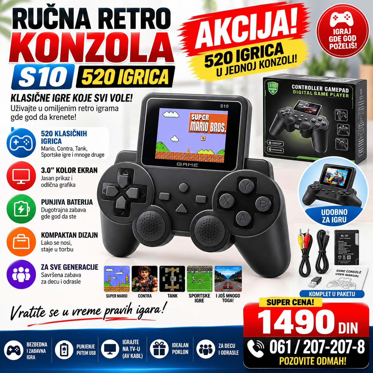 Ručna retro konzola S10 sa 520 ugrađenih klasičnih igrica, 3 inča kolor ekranom i punjivom baterijom za zabavu gde god da se nalazite.