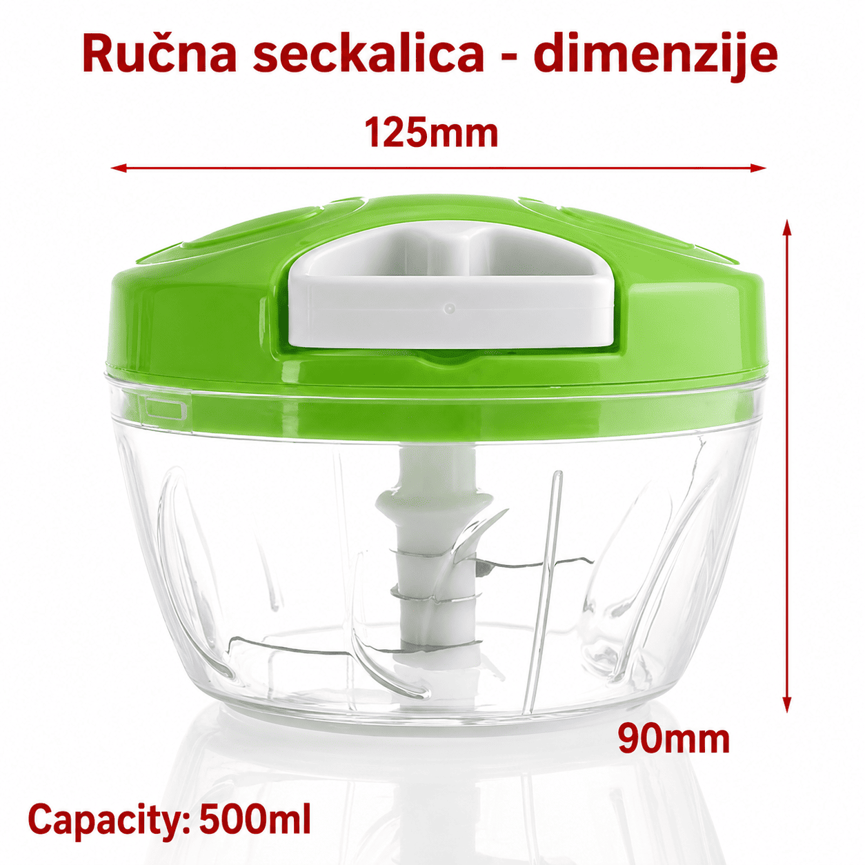 Ručni kuhinjski secko sa oštrim noževima i praktičnom posudom, pogodan za usitnjavanje luka, belog luka, povrća, voća i začinskog bilja.