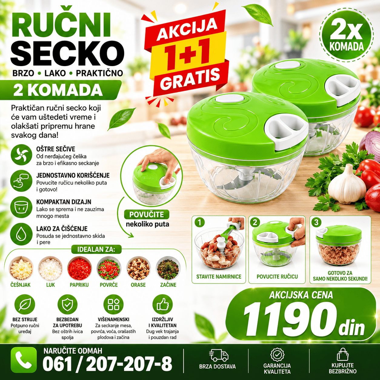 Ručni secko za povrće sa posudom i oštricama, praktičan za brzo seckanje luka, šargarepe, paprike, začinskog bilja i drugih namirnica.