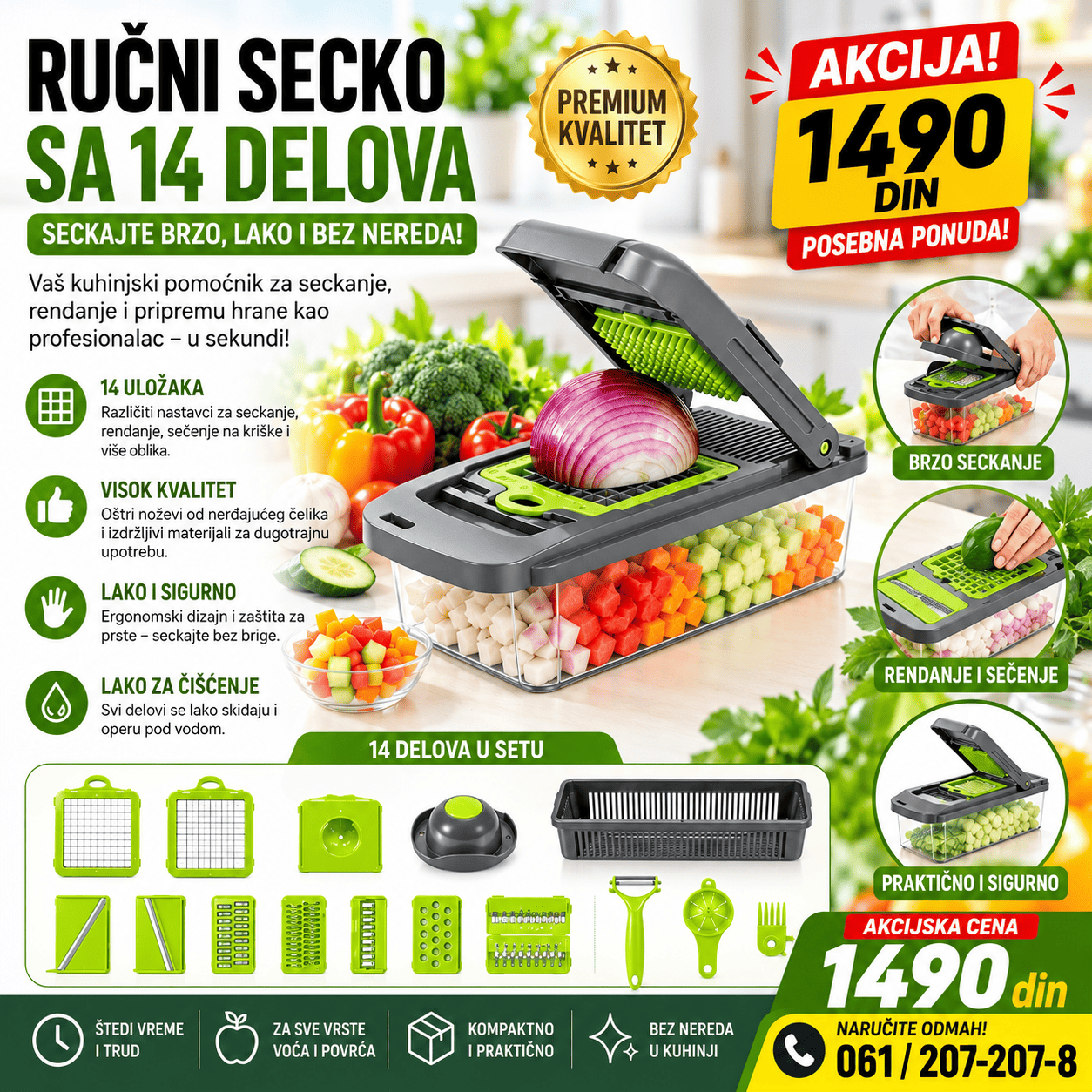 Ručni secko 14 delova sa različitim nastavcima za sečenje, rendanje i usitnjavanje povrća, praktičan za bržu i jednostavniju pripremu hrane.