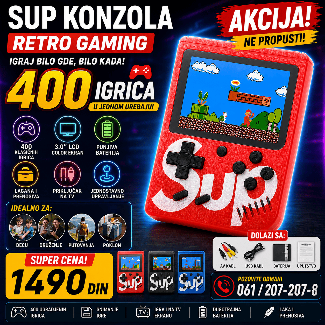 SUP ručna retro konzola sa 400 ugrađenih igrica, kompaktnim ekranom i praktičnim komandama za zabavu kod kuće i na putovanju.
