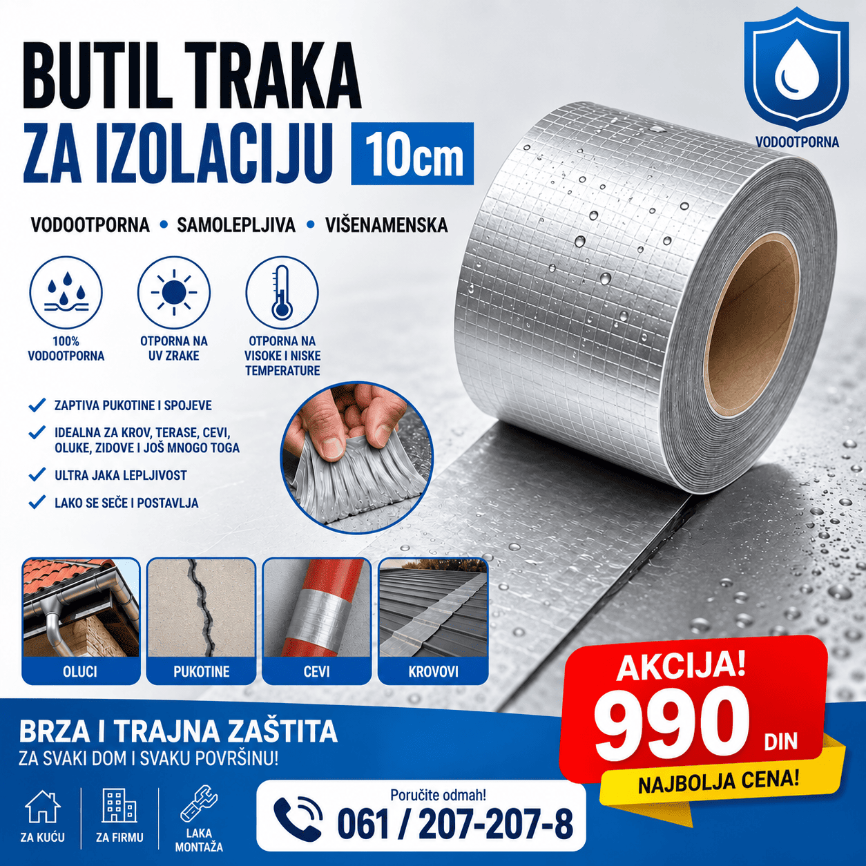 Samolepljiva aluminijumska zaptivna traka za hidroizolaciju i popravke, praktično rešenje za zatvaranje pukotina, spojeva i mesta izloženih vodi.
