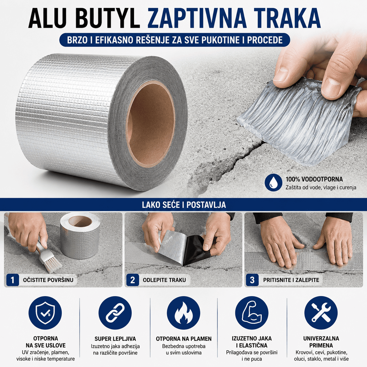 Samolepljiva vodootporna butil traka širine 5 cm, pakovanje od 2 komada za zaptivanje spojeva, pukotina i mesta na kojima je potrebna dodatna zaštita od vode.