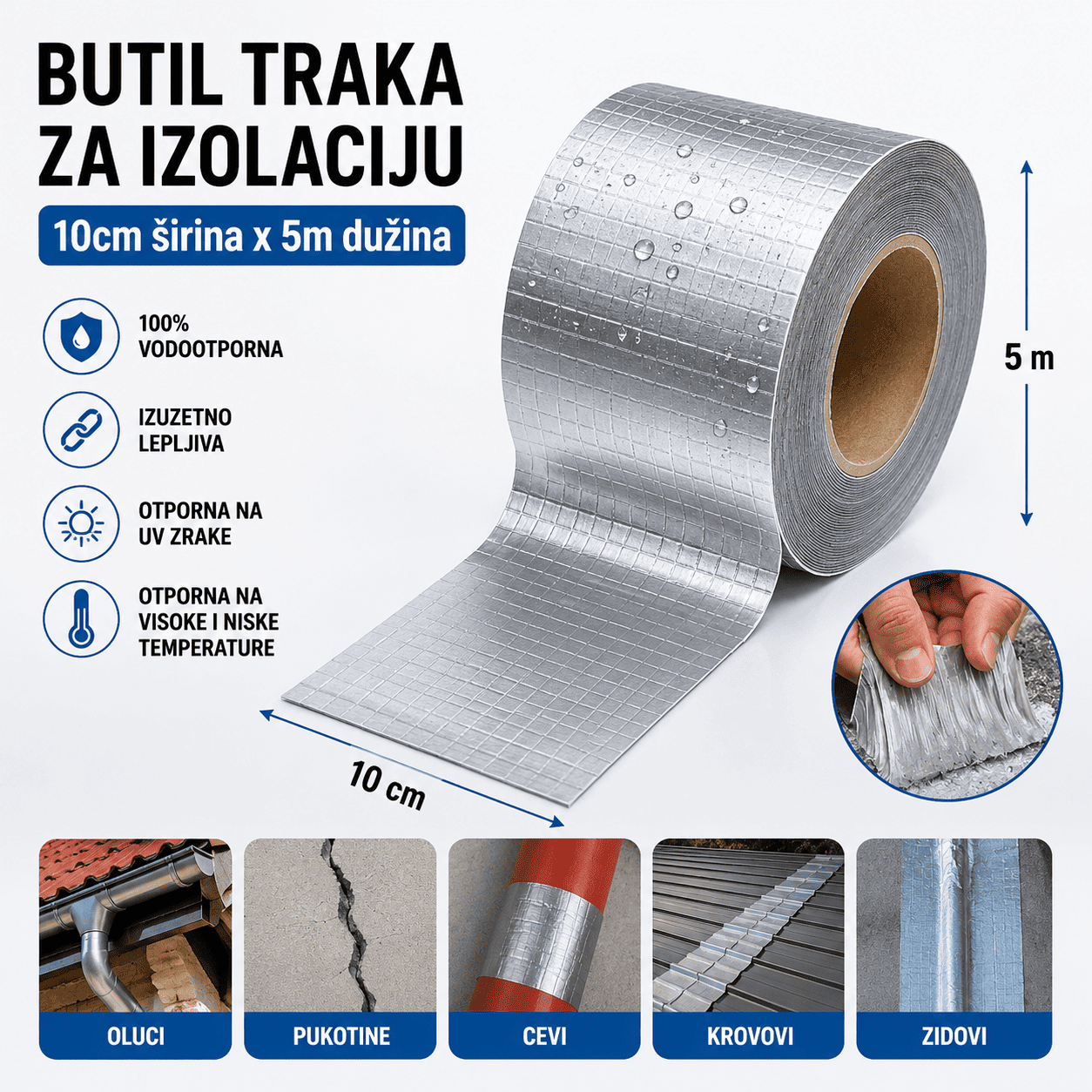 Butil zaptivna traka sa aluminijumskom površinom za kućne i spoljašnje popravke, pogodna za zaštitu spojeva i pukotina od vode i vlage.