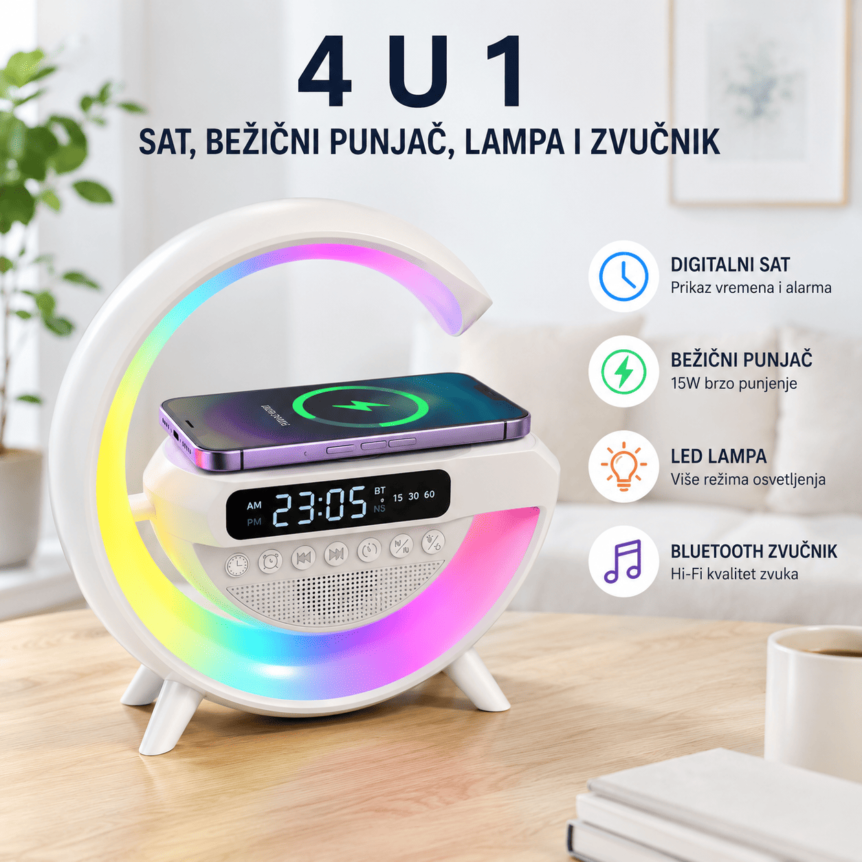 Sat, bežični punjač, lampa i zvučnik u jednom. Funkcionalan i elegantan uređaj za svaki prostor.
