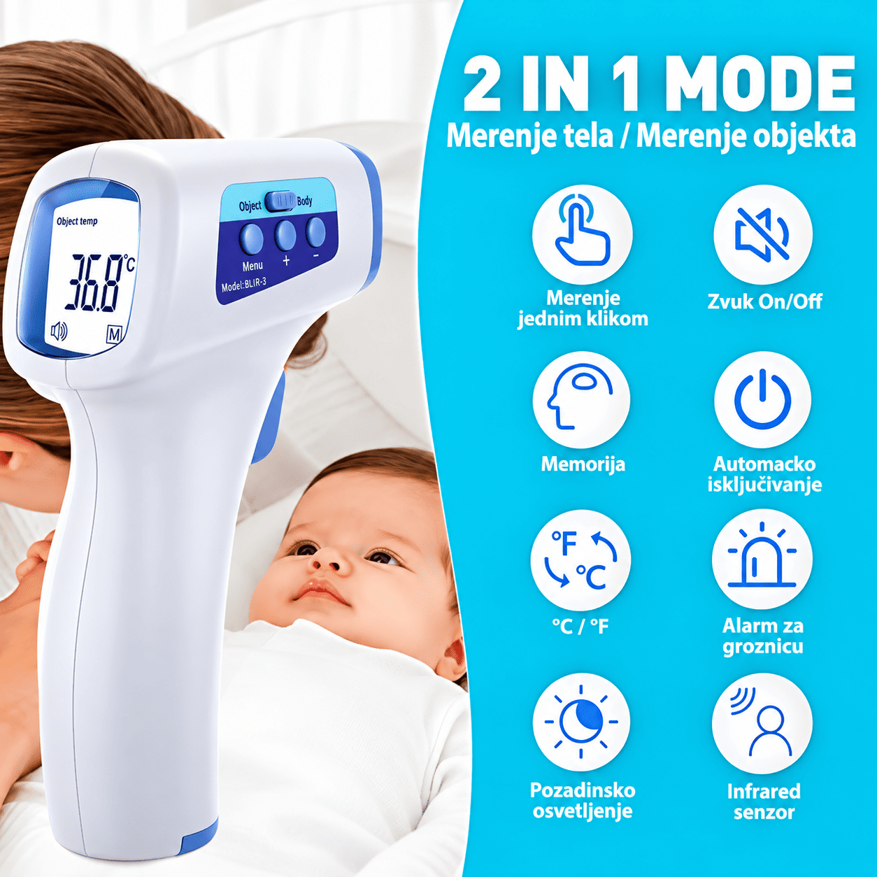Set 2 u 1 za merenje krvnog pritiska i telesne temperature, sa digitalnim displejima i jednostavnim komandama za kućnu upotrebu.
