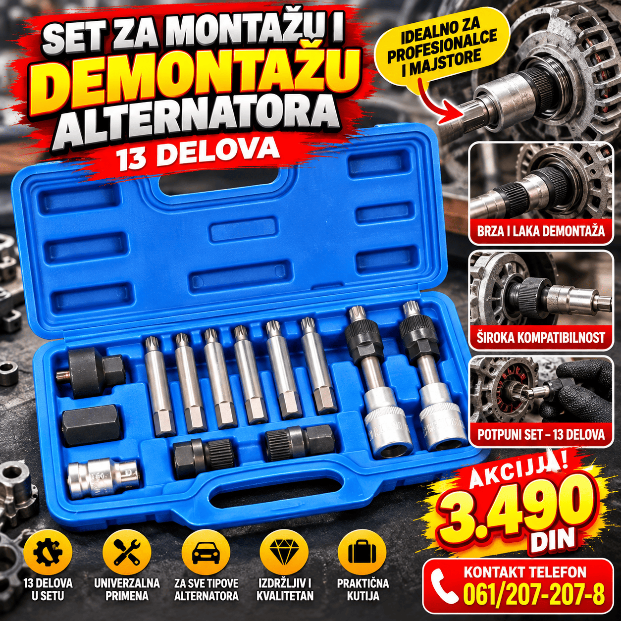 Set alata za alternatore 13 komada sa različitim nastavcima i adapterima, idealan za automehaničarske radionice, servise i profesionalne majstore.