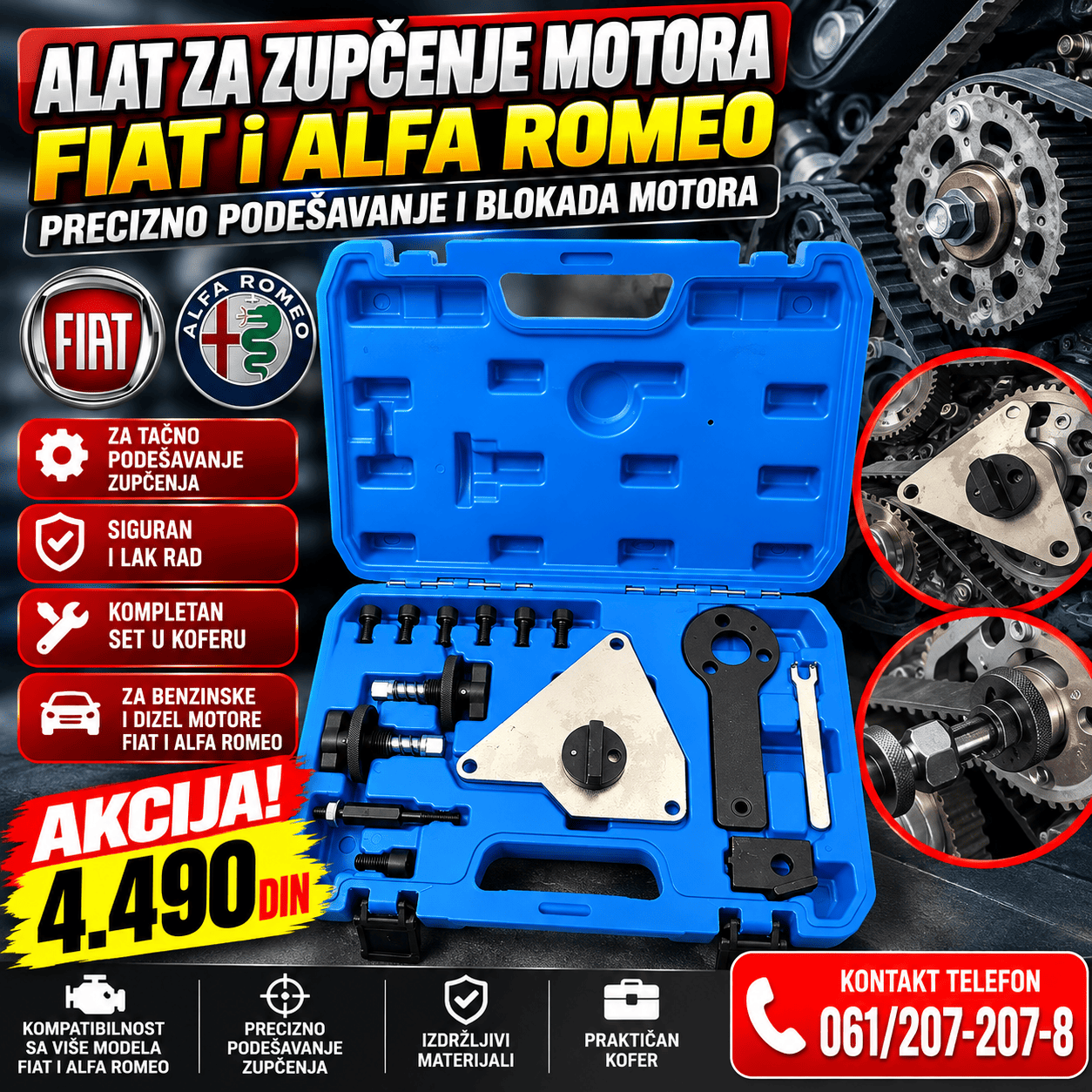 Set alata za blokadu i podešavanje zupčenja Fiat i Alfa Romeo motora, sa specijalnim nastavcima u praktičnom plavom koferu.