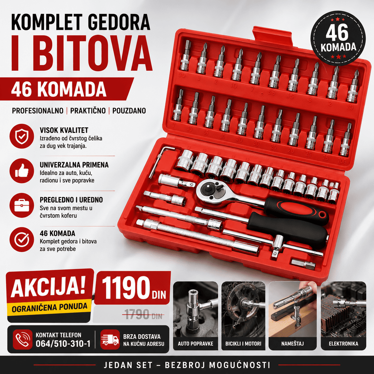 Set gedora i bitova od 46 komada predstavlja praktično rešenje za profesionalce i kućne korisnike koji žele kompletan alat za različite vrste popravki.