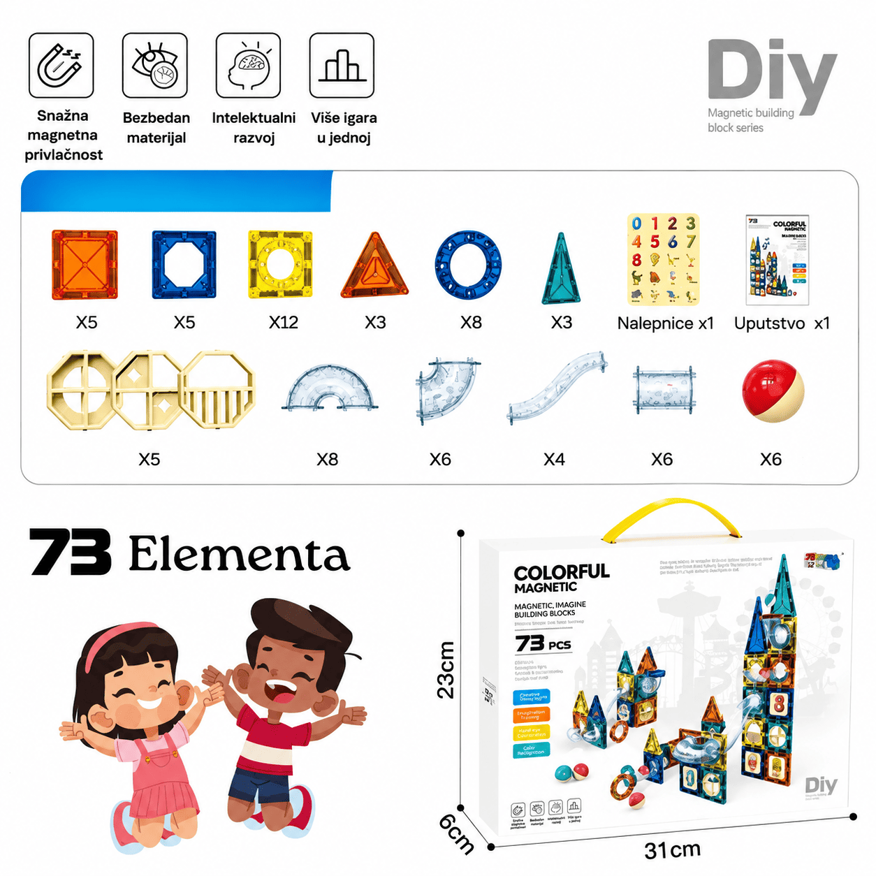 Set magnetnih kocki 73 dela u praktičnom pakovanju, edukativna igračka za dečake i devojčice koja kombinuje zabavu, kreativnost i učenje kroz slaganje.