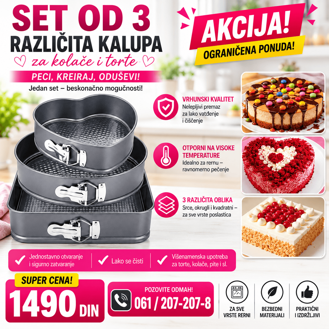 Set od 3 različita kalupa za torte i kolače sa odvojivim obručem, praktičan za pripremu torti, čizkejka, biskvita i drugih poslastica.