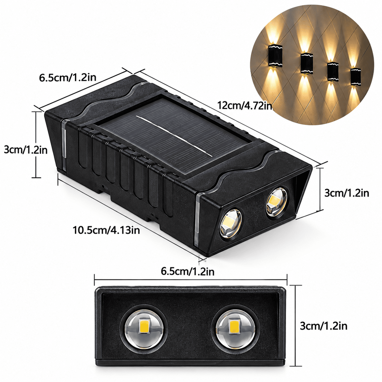 Set od 4 solarne LED zidne lampe sa toplim belim svetlom, idealan za moderno dekorativno osvetljenje kuće, dvorišta, balkona i spoljašnjih zidova.