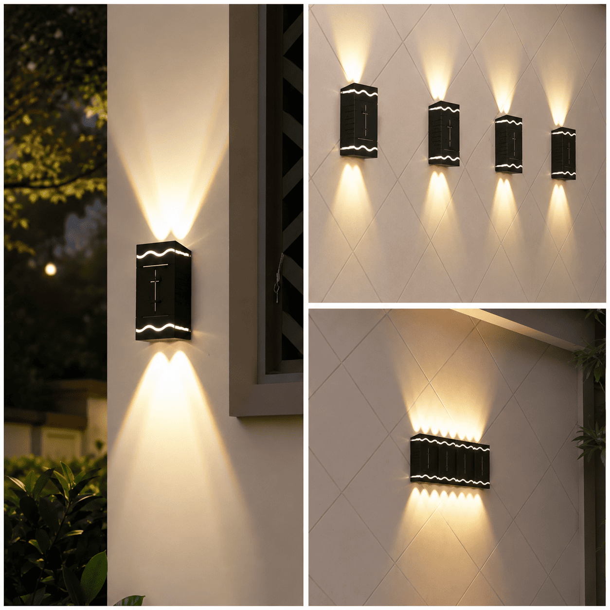 Set od 4 solarne zidne lampe sa dvostranim LED osvetljenjem, namenjen za postavljanje na fasadu kuće, zid, balkon, terasu ili ogradu.
