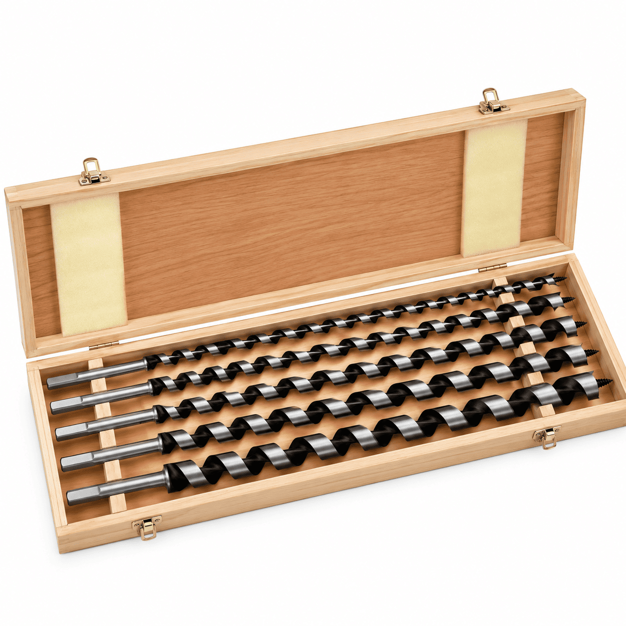 Set od 6 dugih burgija za drvo dimenzija 10, 12, 14, 16, 18 i 20 mm, sa dužinom od 460 mm, idealan za stolarske i građevinske radove.