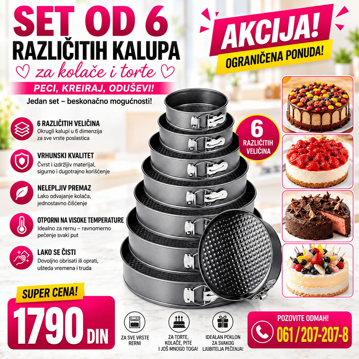 Set od 6 kalupa za torte i kolače različitih veličina sa odvojivim obručem, praktičan za pripremu torti, čizkejka, biskvita i drugih poslastica.